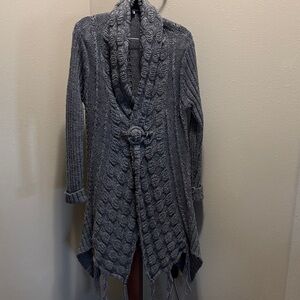 Gray Cable-Knit Shawl Collar Cardigan with Toggle and Fringe